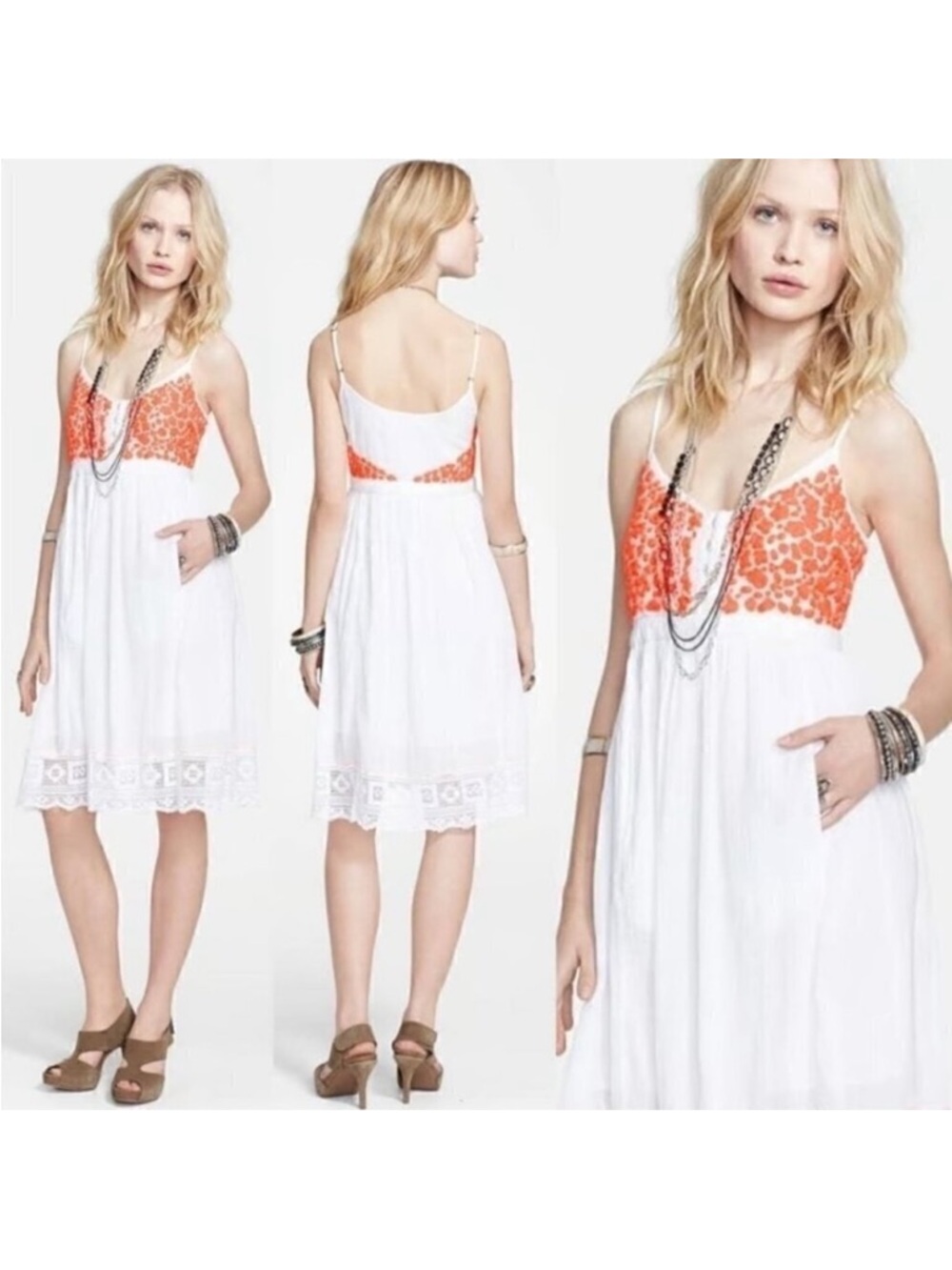 Free People Cloud Watching Voile Babydoll Dress in White and Orange Size XS